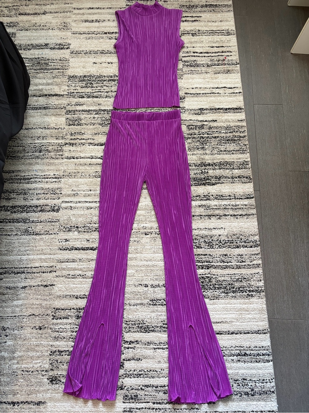 Boohoo Purple Pleated Sleeveless Top & Flared Pants Set